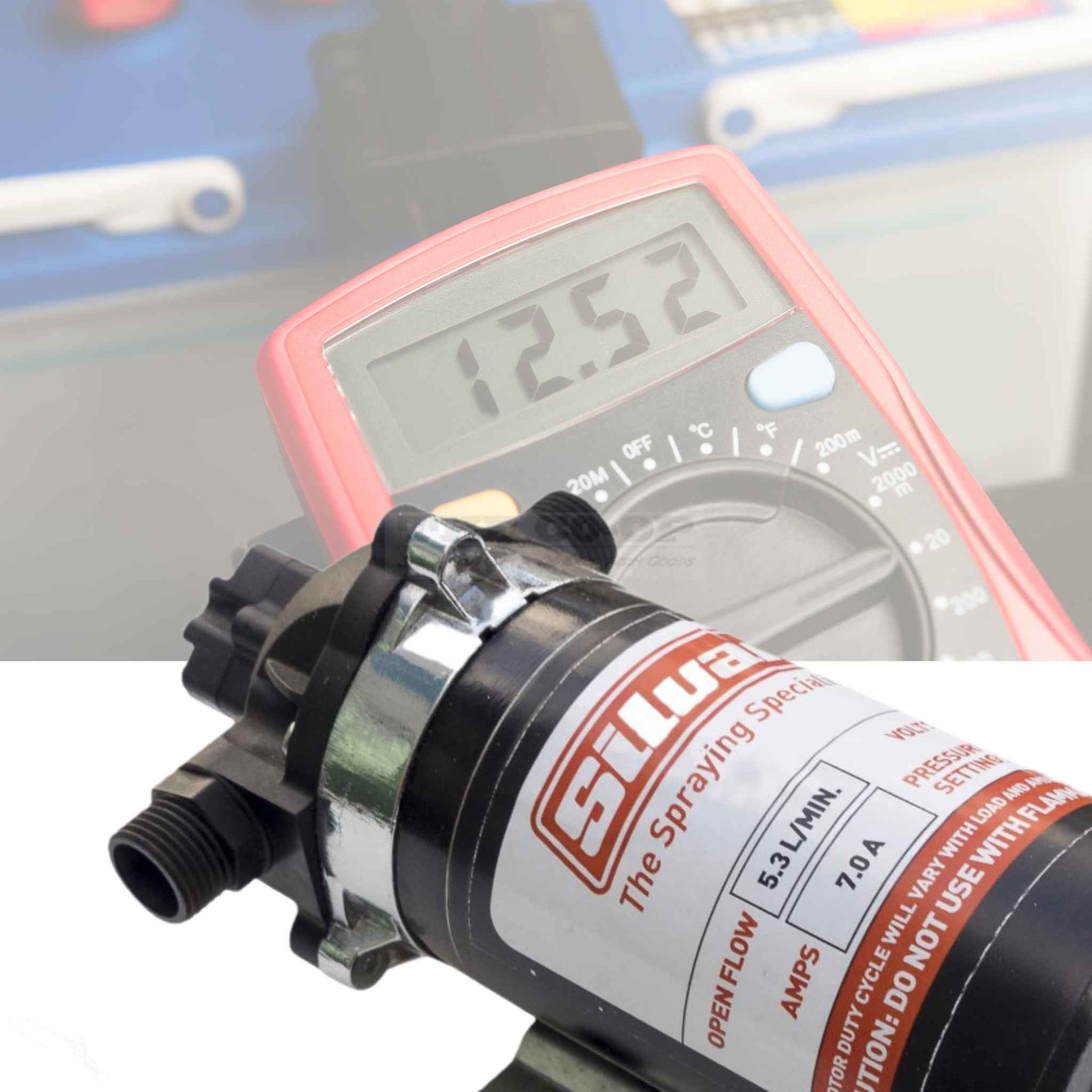 Image of 12 violt pump with multimeter