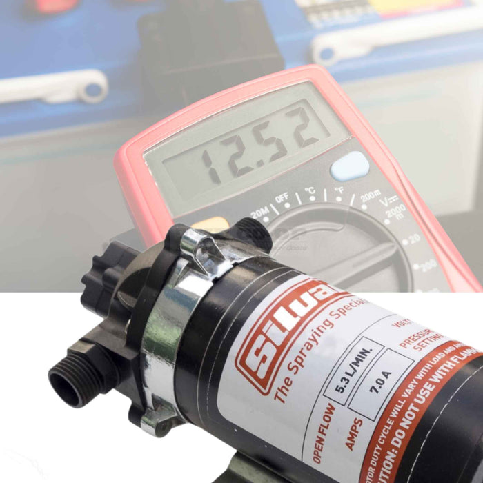 Image of 12 violt pump with multimeter