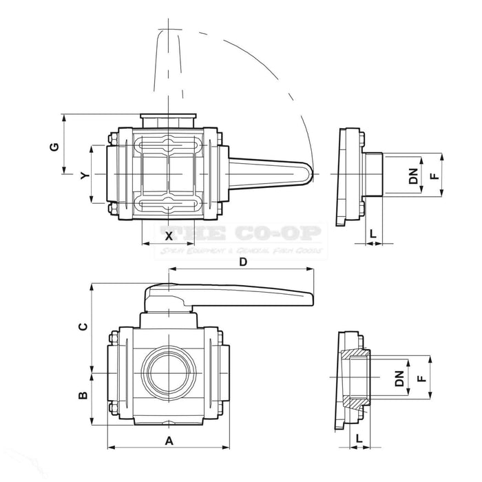 3-way bolted ball valves with side inlet and threaded couplings 45014A44 Ball Valve with 1" threads line drawing