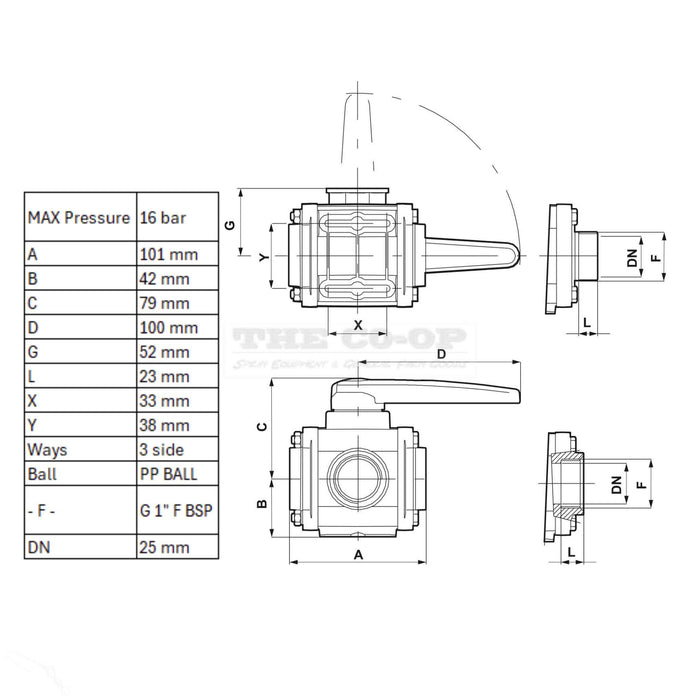 3-way bolted ball valves with side inlet and threaded couplings 45014A44 Ball Valve with 1" threads Detail specs