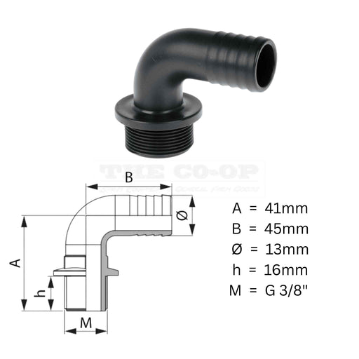 Black plumbing elbow with dimensions labeled on a white background