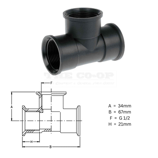 Black pipe fitting with dimensions on a white background
