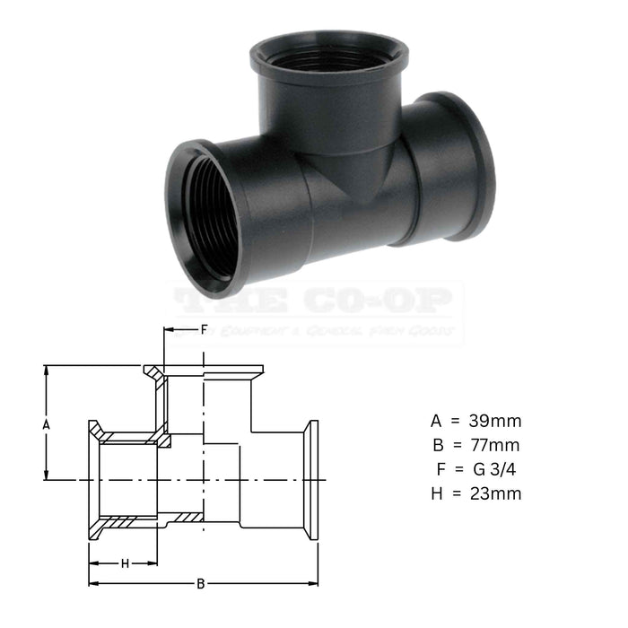 Black pipe fitting with dimensions on a white background