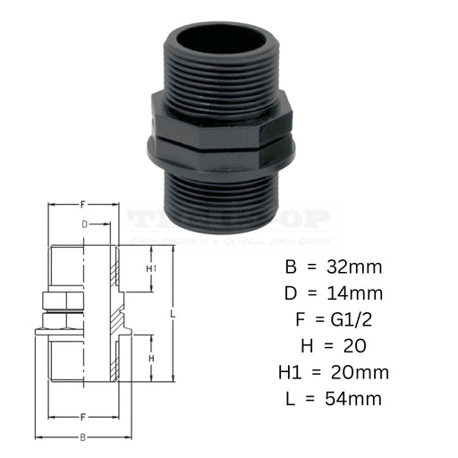 Black pipe fitting with dimensions on a white background