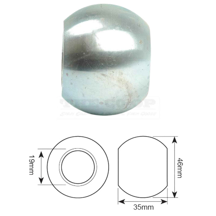 Metallic sphere with dimensions labeled on a white background
