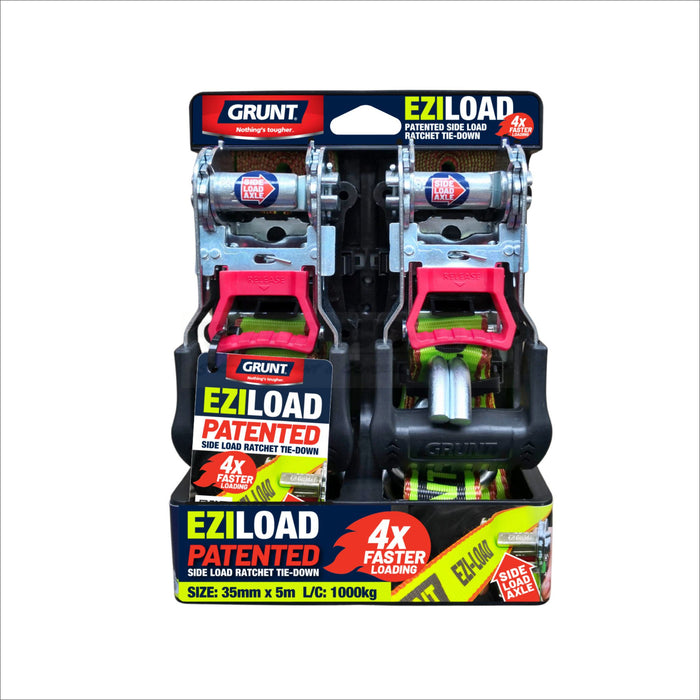 Packaged Grunt EZI LOAD ratchet tie-downs with pink handles on a white background