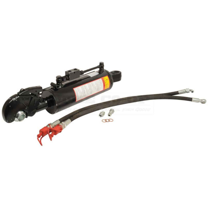Hydraulic cylinder with hoses and connectors on a white background