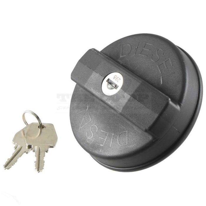 top view of Fuel Cap with Lock and keys for Agco, Case IH, Claas, Fendt, Fiat, Ford NH, John Deere, MF, McCormick and Valmet/Valtra tractors
