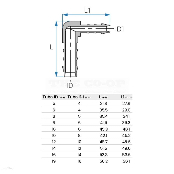 Tefen Reducing Elbow Hose Connector sizes