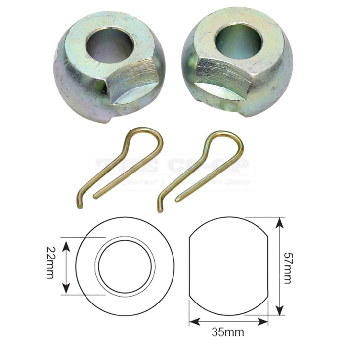 Two metal bushings and two pins with dimensions on a white background