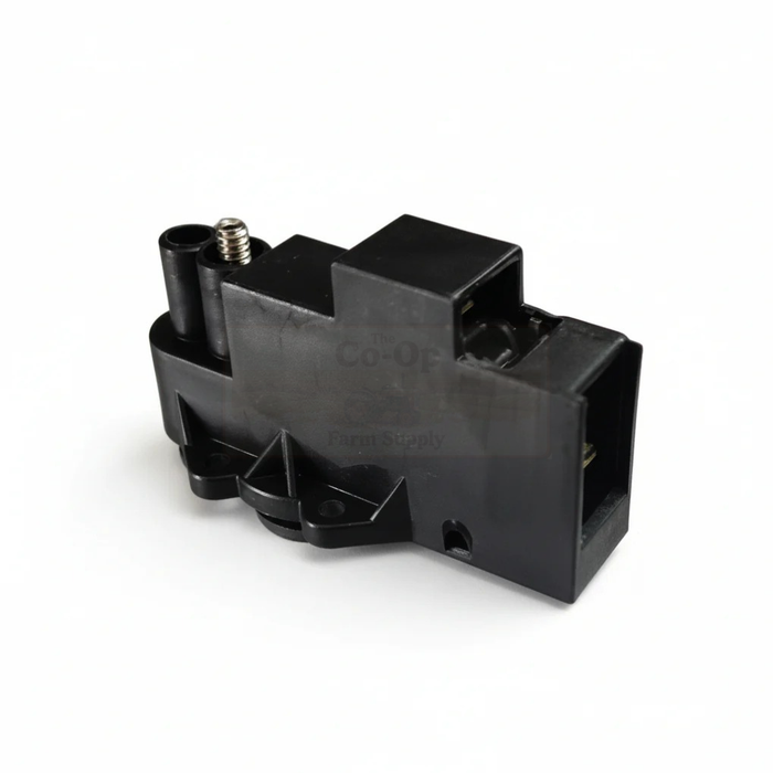 Black electrical connector on a white background