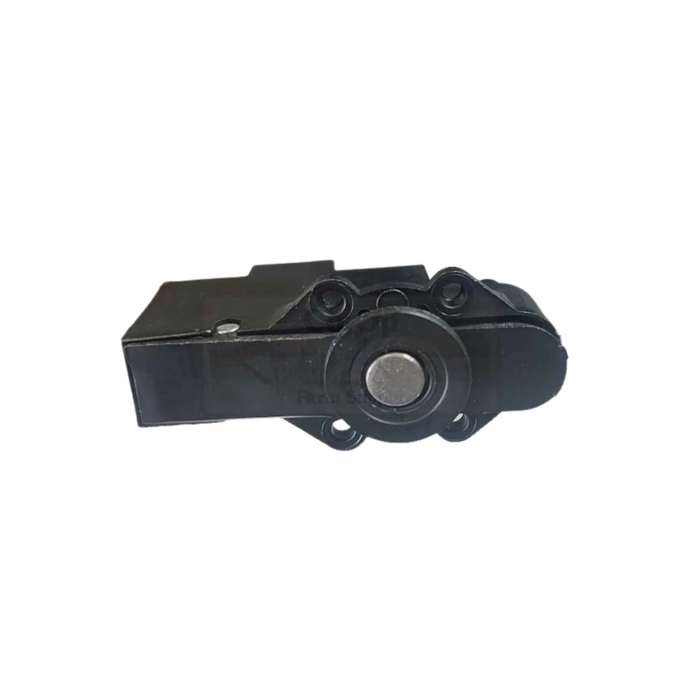 Black mechanical component on a white background