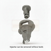Gray plastic injector component on a white background with text indicating it can be removed without tools.