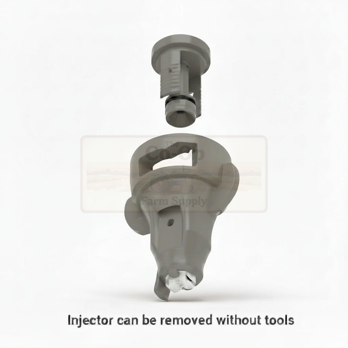 Gray plastic injector component on a white background with text indicating it can be removed without tools.