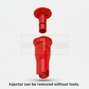 Red plastic injector with a clear component on a white background, labeled 'Farm Supply'.