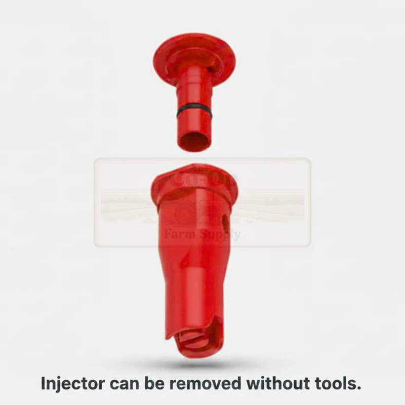 Red plastic injector with a clear component on a white background, labeled 'Farm Supply'.