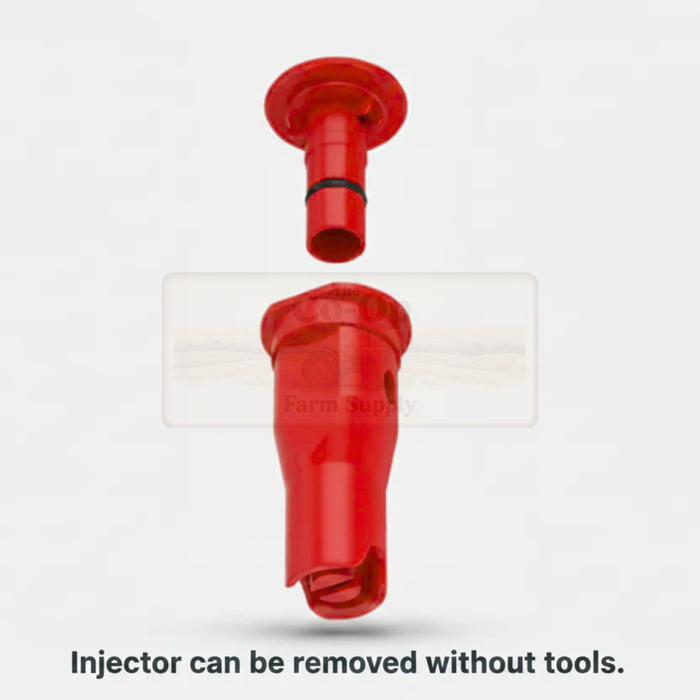 Red plastic injector with a clear component on a white background, labeled 'Farm Supply'.