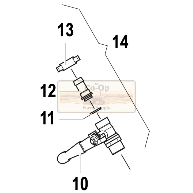 A black-and-white exploded parts diagram with numbered callouts 10, 11, 12, 13, and 14, showing a mechanical assembly on a white background. A faint 'The Op Farm Supply' watermark appears across the center.
