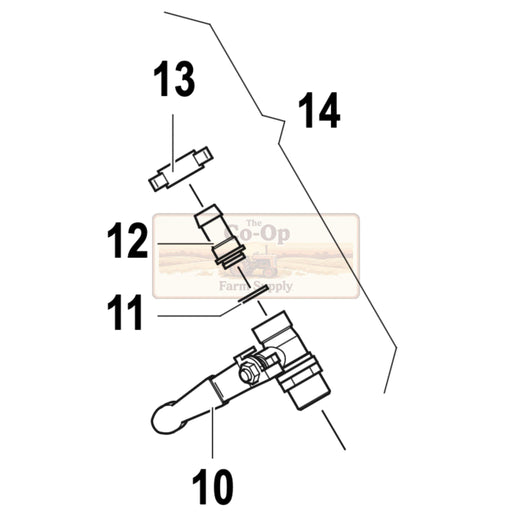 A black-and-white exploded parts diagram with numbered callouts 10, 11, 12, 13, and 14, showing a mechanical assembly on a white background. A faint 'The Op Farm Supply' watermark appears across the center.