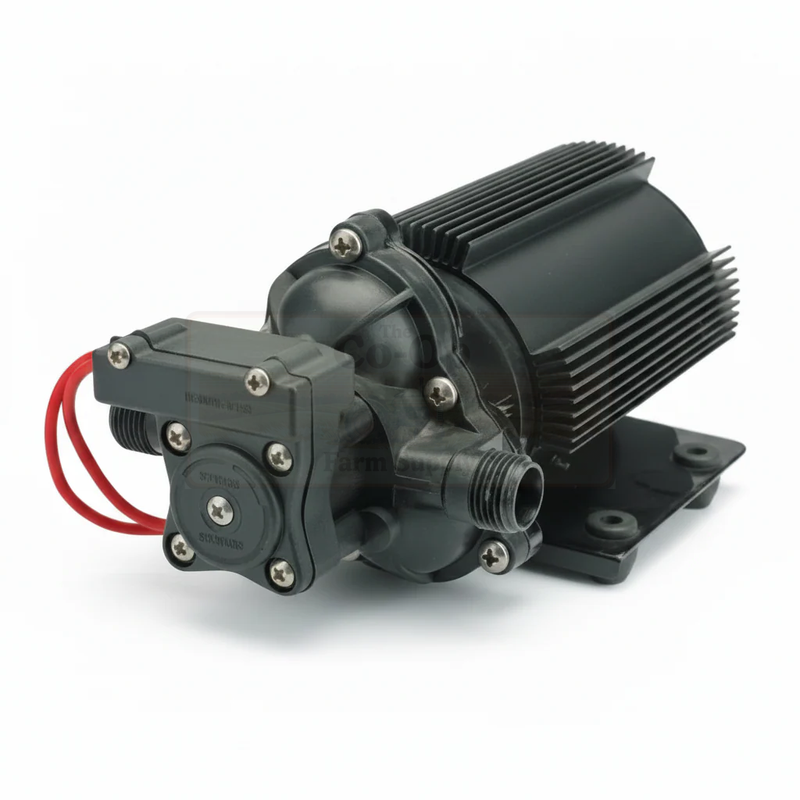 Black pump with red wiring on a white background