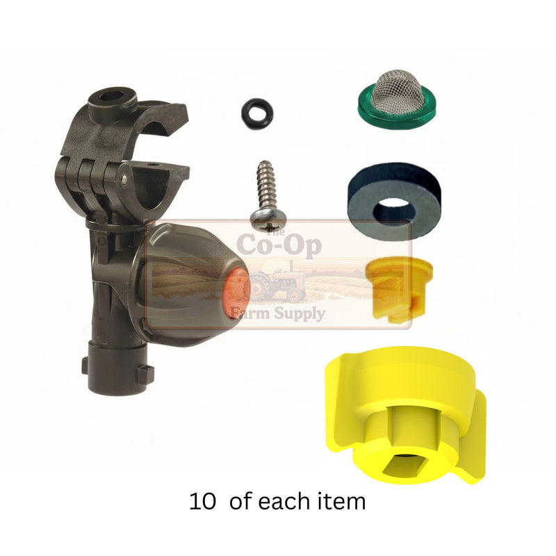 Spray Nozzle Repair Kit – Set of 10 Non-Drip Holders, Caps & Standard Fan Nozzles for 1/2" Spray Bar