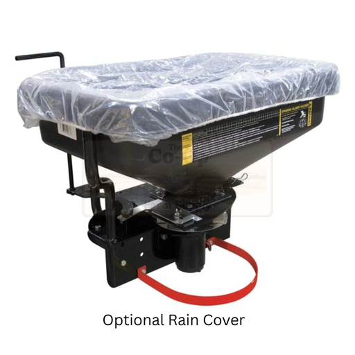Fertilizer spreader with an optional rain cover on a white background