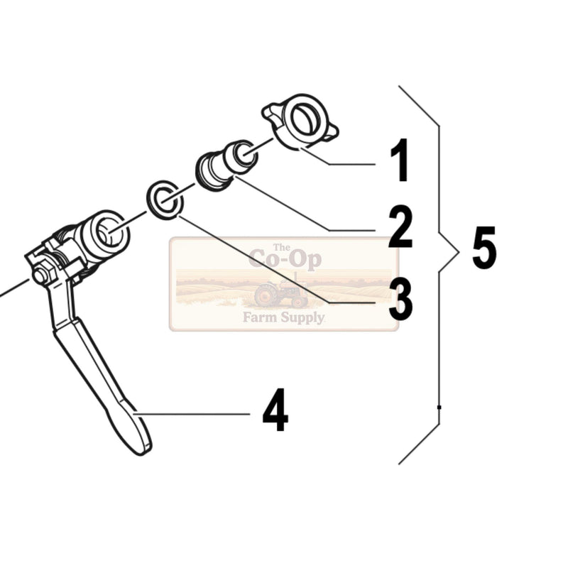 A black and white exploded parts diagram of a mechanical lever assembly, with numbered callouts 1 through 5 and a faint 'The Co-Op Farm Supply' watermark in the center.