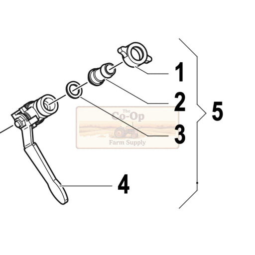 A black and white exploded parts diagram of a mechanical lever assembly, with numbered callouts 1 through 5 and a faint 'The Co-Op Farm Supply' watermark in the center.