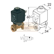 Electromagnetic valve with dimensions and Co-op logo on a white background