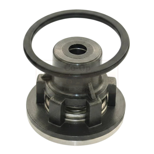 Mechanical component with black and silver finish on a white background