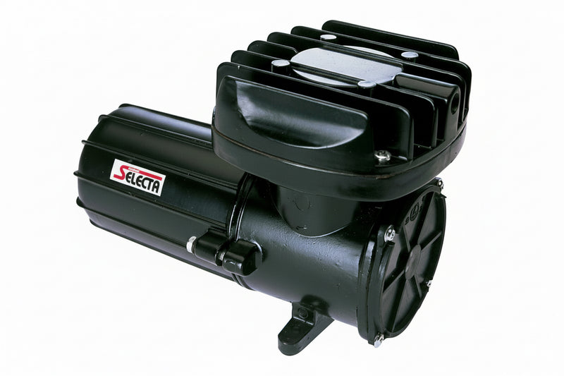 Black air compressor with 'Selecta' branding on a white background