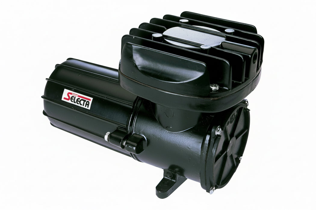 Black air compressor with 'Selecta' branding on a white background