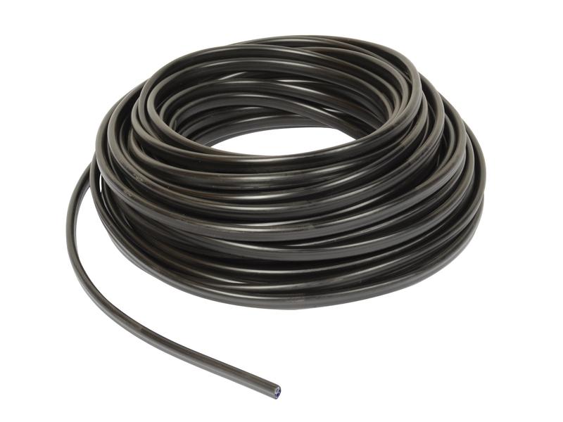 Coiled black rubber hose on a white background