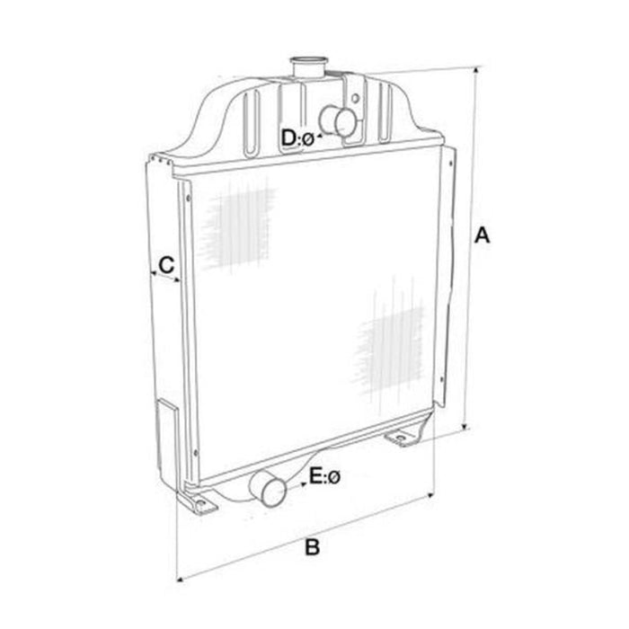 Technical drawing of a radiator with labeled dimensions on a white background