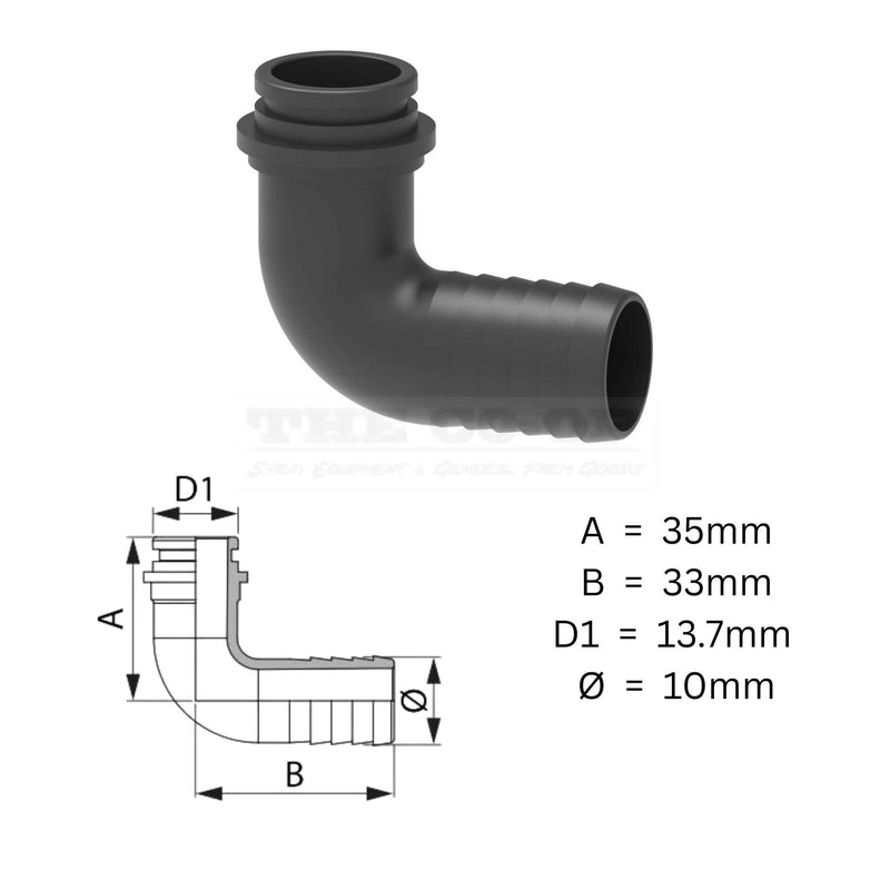 Elbow hose barb tail for Fly Nut Cap 1/2" x 10mm barb