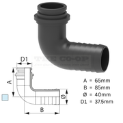ARAG 11/2" elbow hose barb on white back ground