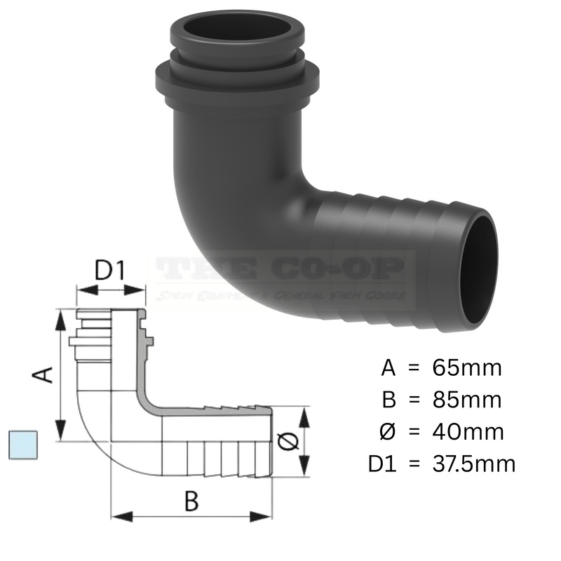 ARAG 11/2" elbow hose barb on white back ground
