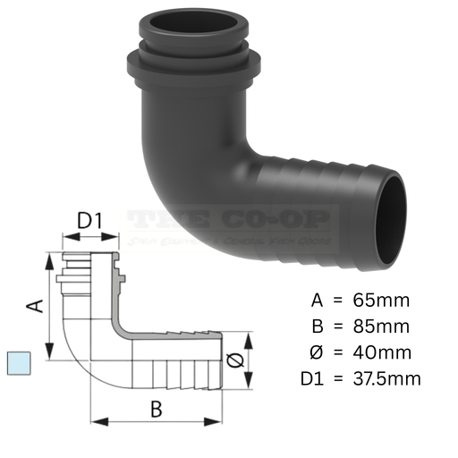 ARAG 11/2" elbow hose barb on white back ground