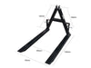 Black pallet jack fork with measurements on a white background