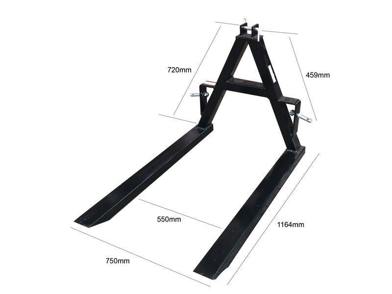 Black pallet jack fork with measurements on a white background