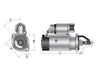 Technical drawing of a starter motor with labeled dimensions on a white background