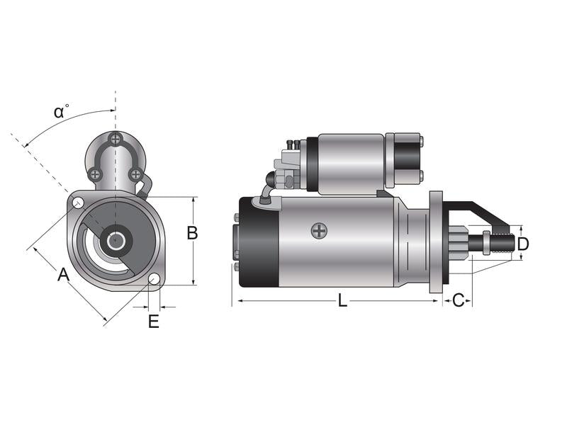 Technical drawing of a starter motor with labeled dimensions on a white background