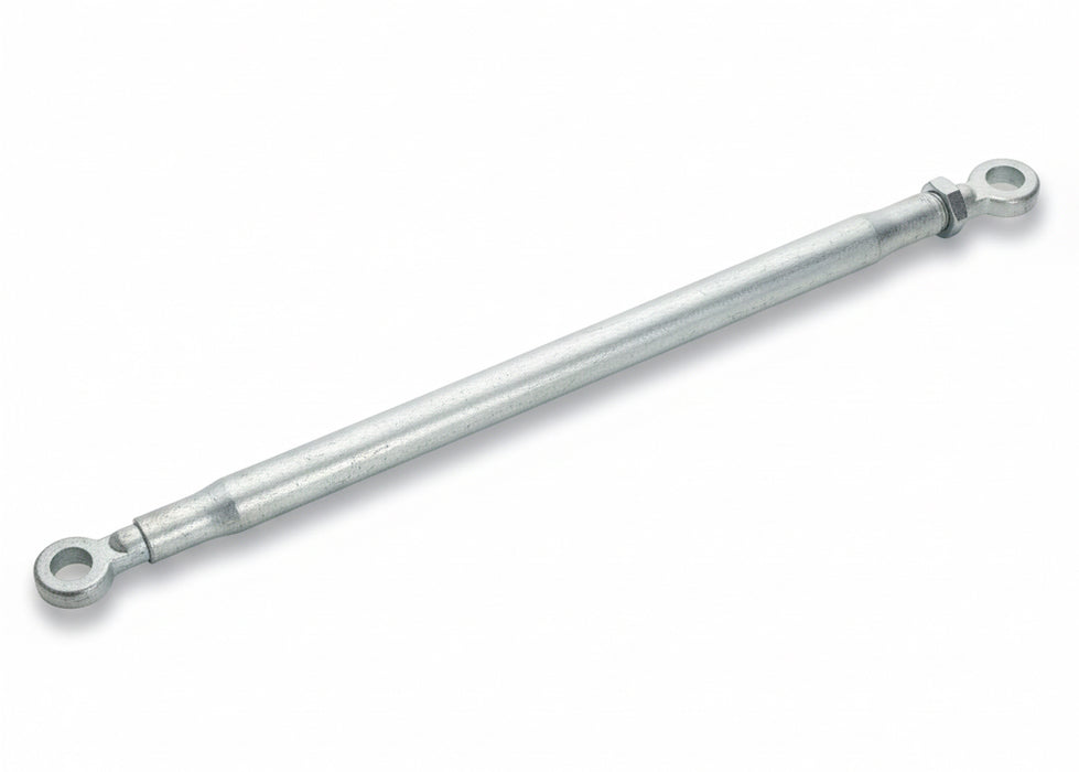 White metal rod with eye bolts on a white background