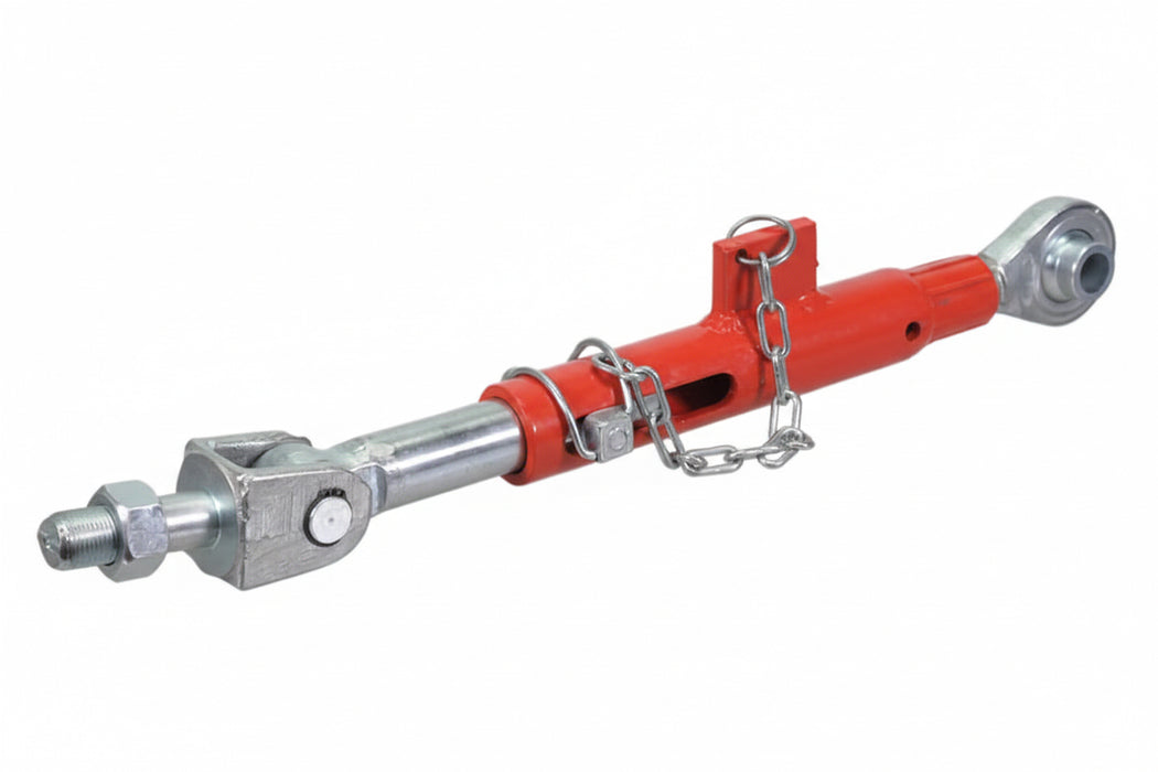 Red hydraulic cylinder with metal components on a white background