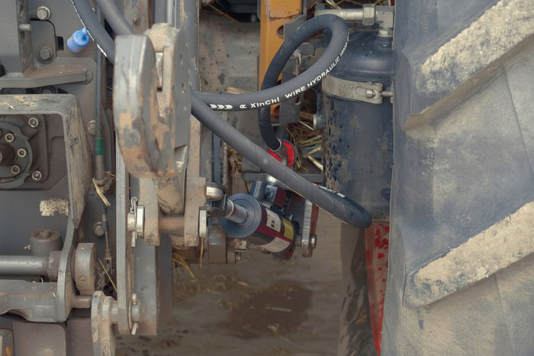 Close-up of mechanical components and hose work on a tractor