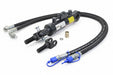 Hydraulic cylinder with hoses and connectors on a white background