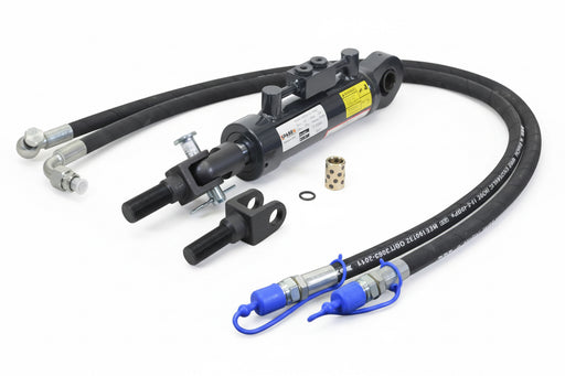 Hydraulic cylinder with hoses and connectors on a white background