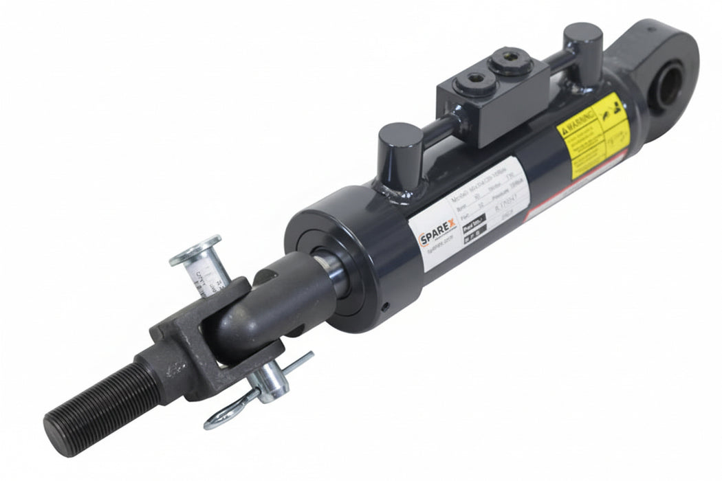 Hydraulic cylinder with visible branding on a white background
