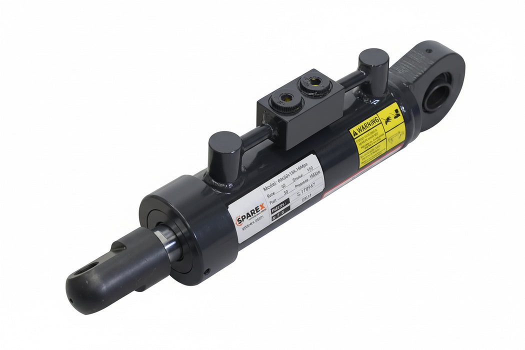 Black hydraulic cylinder with warning label on a white background