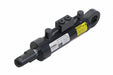 Black hydraulic cylinder with warning label on a white background